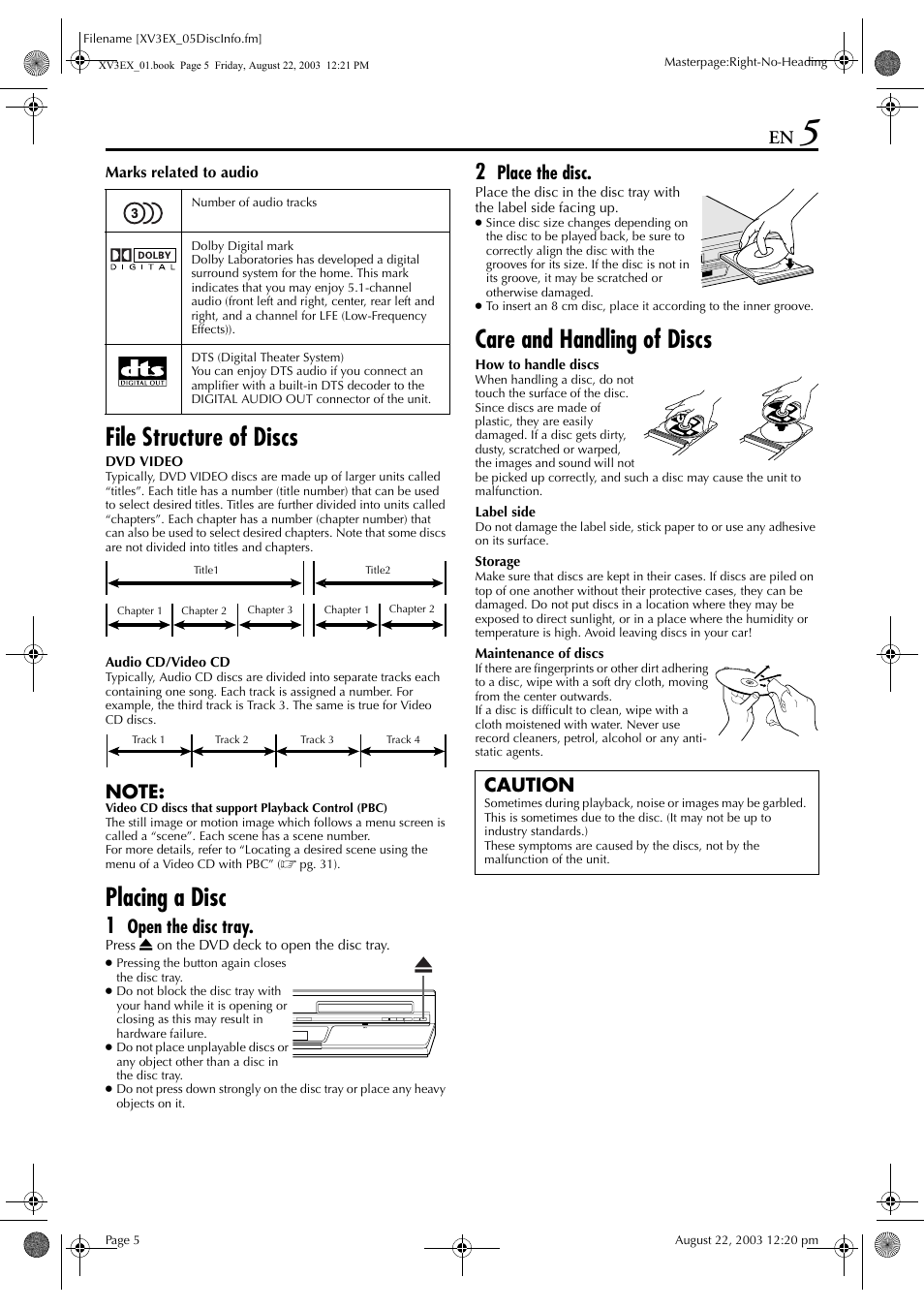 File structure of discs, Placing a disc, Care and handling of discs | Open the disc tray, Place the disc, Caution | JVC 0504CSH-ID-VT User Manual | Page 5 / 84