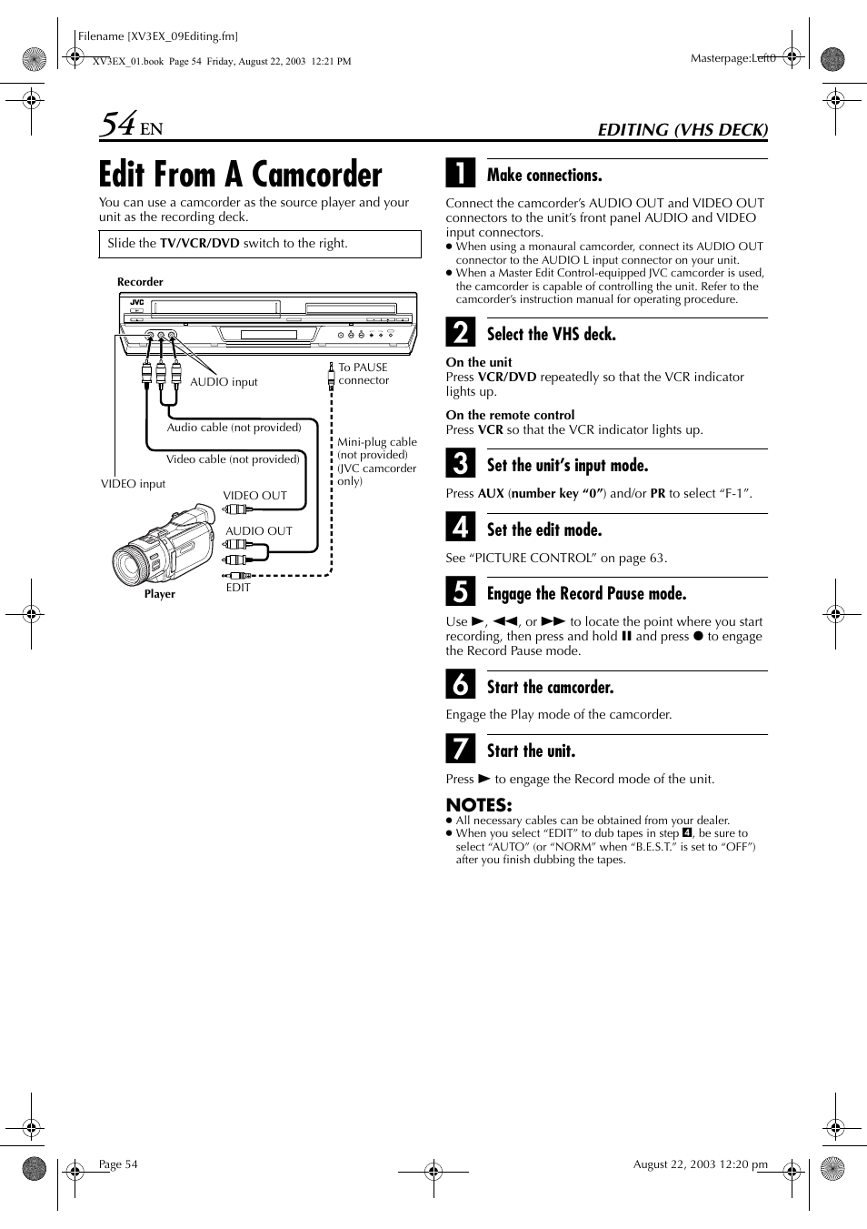 Editing (vhs deck), Edit from a camcorder, Pg. 54 | JVC 0504CSH-ID-VT User Manual | Page 54 / 84