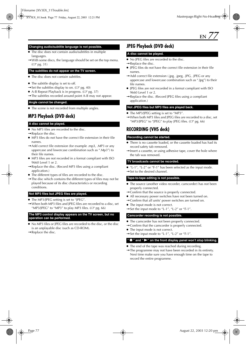 Mp3 playback (dvd deck), Jpeg playback (dvd deck), Recording (vhs deck) | JVC 0504CSH-ID-VT User Manual | Page 77 / 84