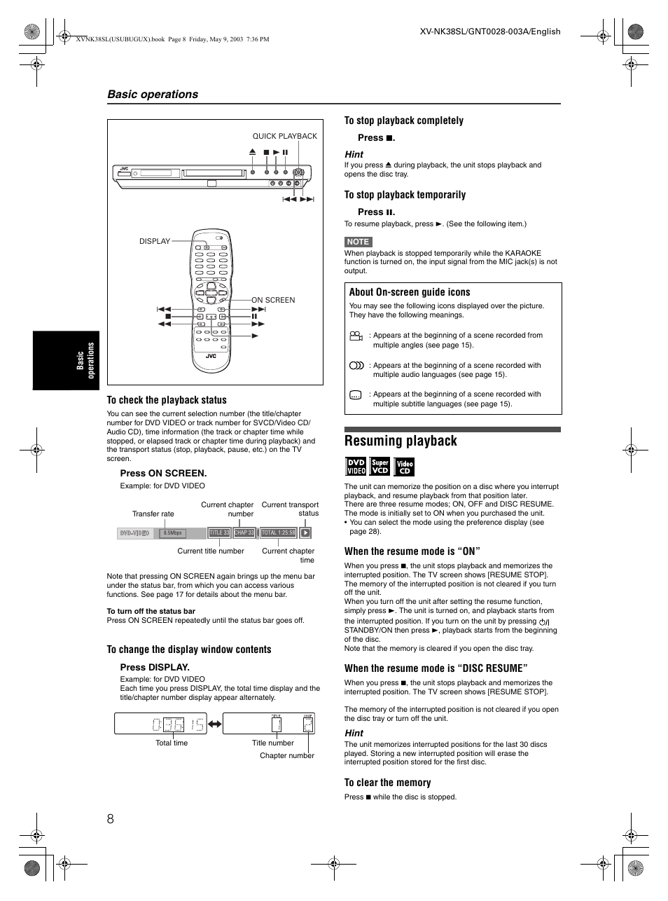 Resuming playback, Basic operations | JVC XV-NK38SL User Manual | Page 10 / 42