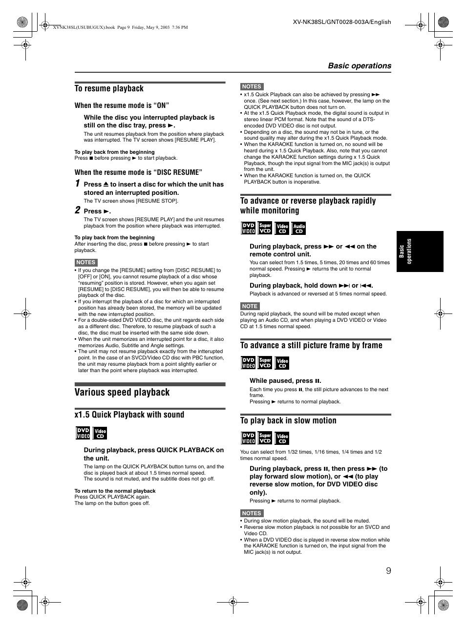 Various speed playback, X1.5 quick playback with sound, Basic operations | JVC XV-NK38SL User Manual | Page 11 / 42
