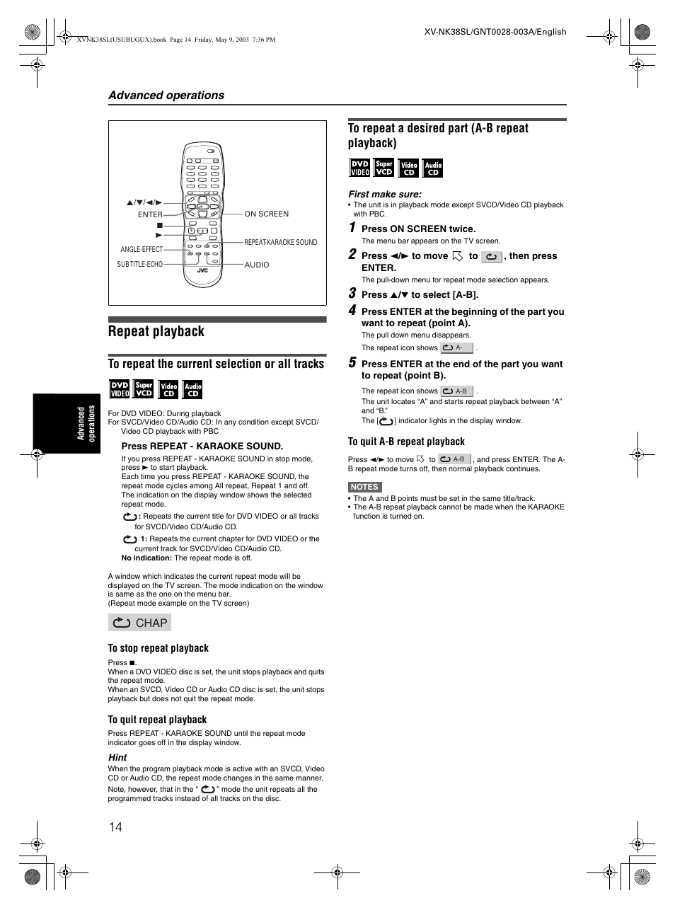Repeat playback, Advanced operations, Chap | JVC XV-NK38SL User Manual | Page 16 / 42