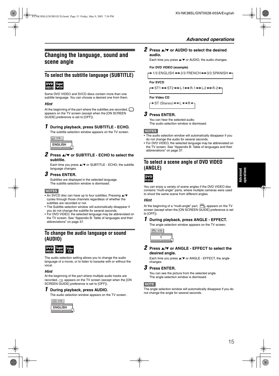 Changing the language, sound and scene angle, Advanced operations | JVC XV-NK38SL User Manual | Page 17 / 42