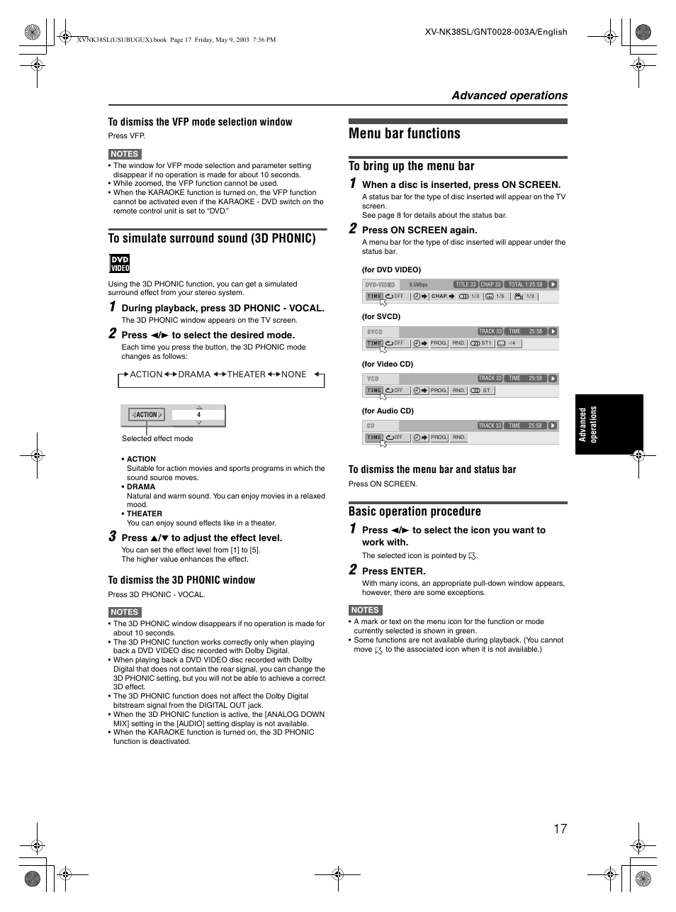 Menu bar functions, Basic operation procedure, Advanced operations | JVC XV-NK38SL User Manual | Page 19 / 42