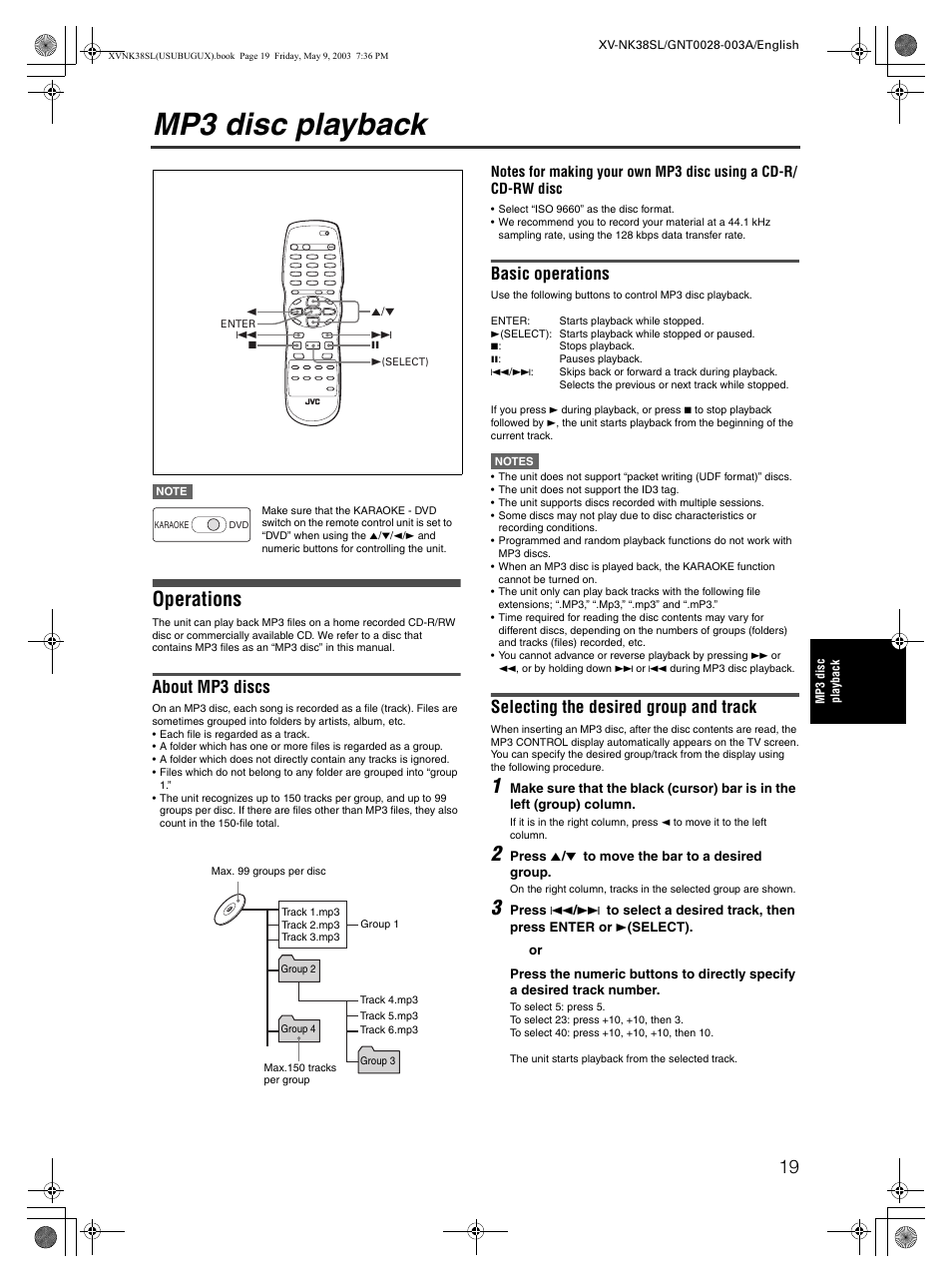 Mp3 disc playback, Operations, About mp3 discs | Basic operations, Selecting the desired group and track | JVC XV-NK38SL User Manual | Page 21 / 42