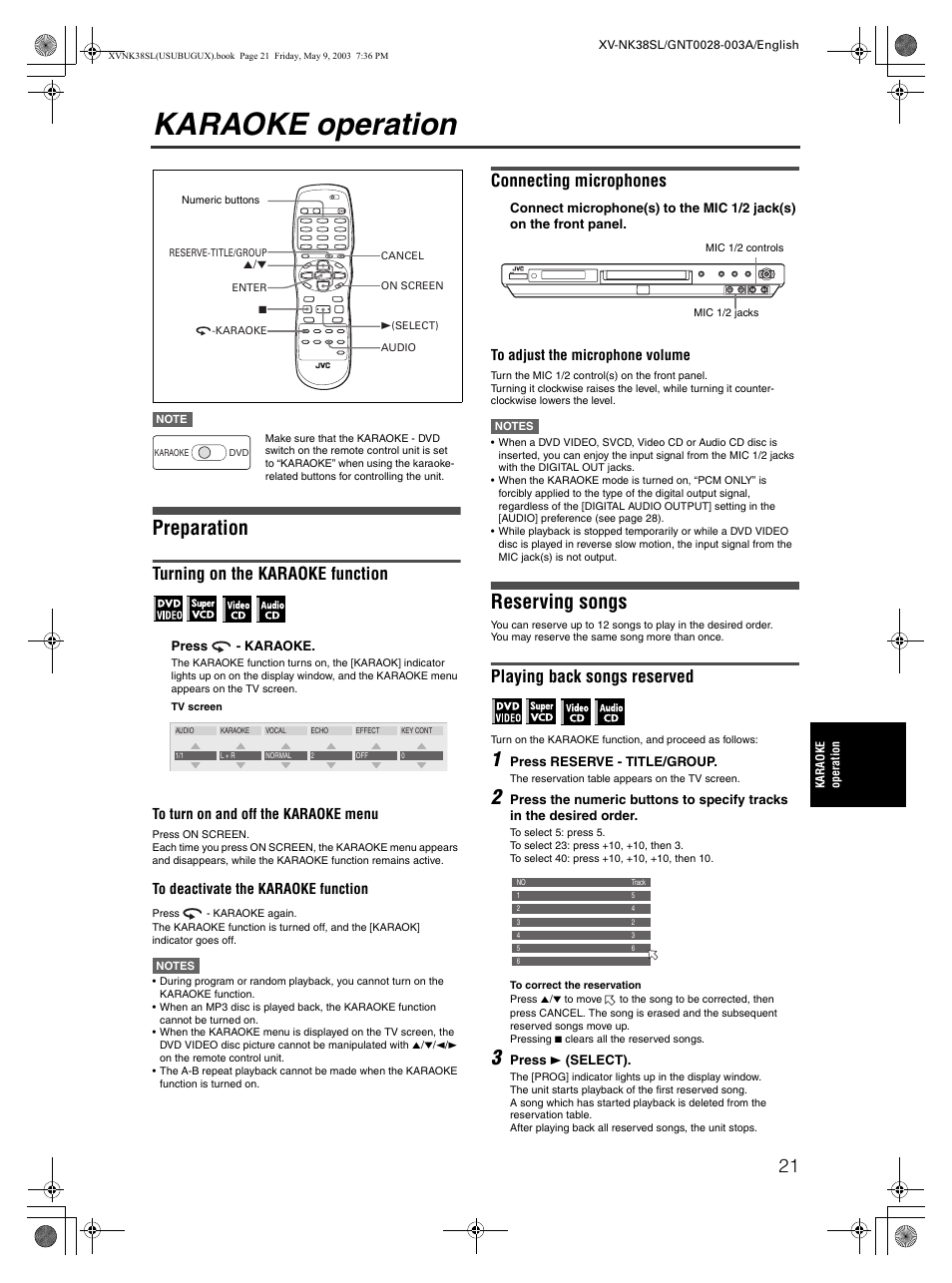 Karaoke operation, Preparation, Reserving songs | Turning on the karaoke function, Connecting microphones, Playing back songs reserved | JVC XV-NK38SL User Manual | Page 23 / 42