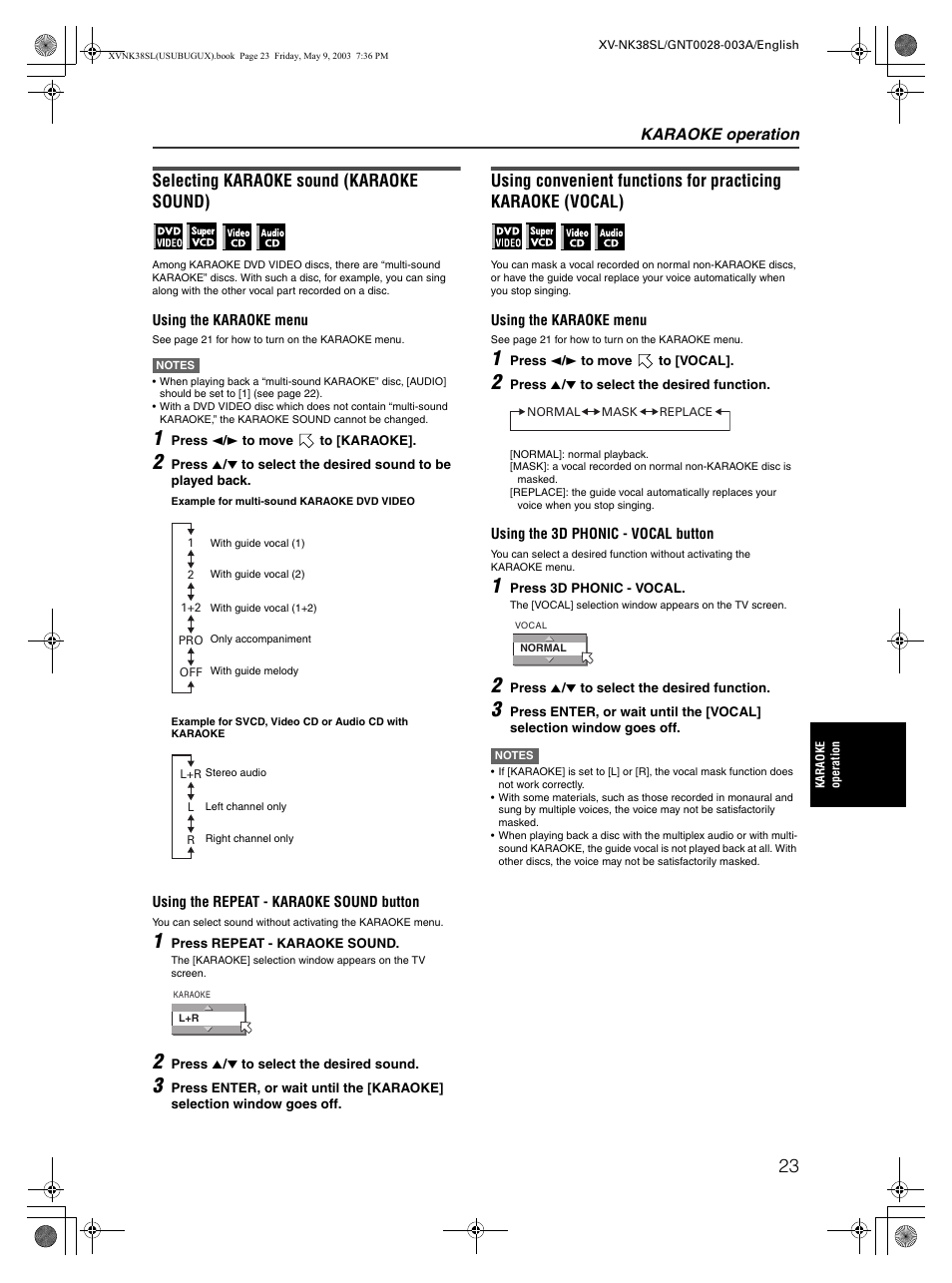 Selecting karaoke sound (karaoke sound), Karaoke operation | JVC XV-NK38SL User Manual | Page 25 / 42
