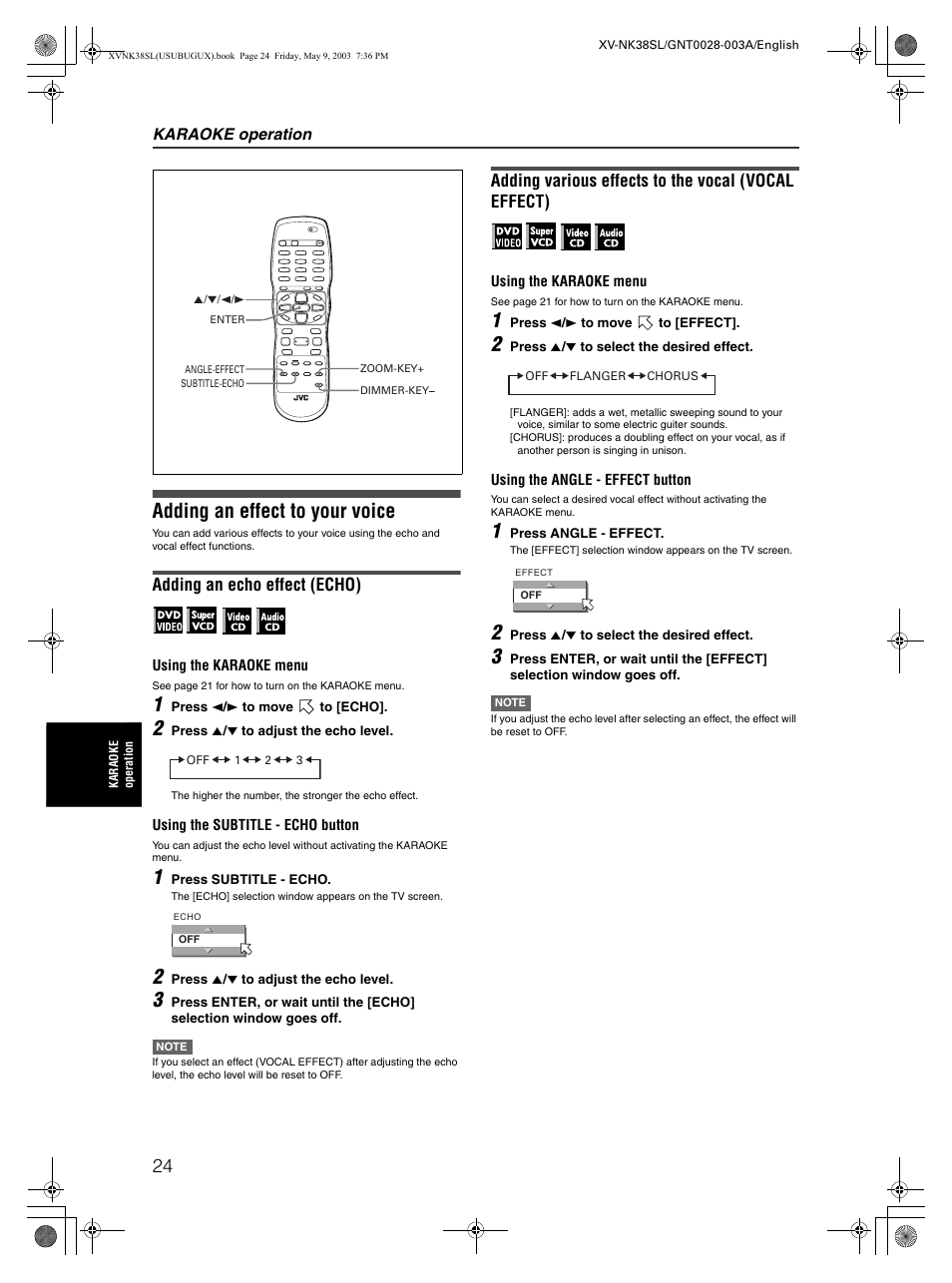 Adding an effect to your voice, Adding an echo effect (echo), Adding various effects to the vocal (vocal effect) | JVC XV-NK38SL User Manual | Page 26 / 42