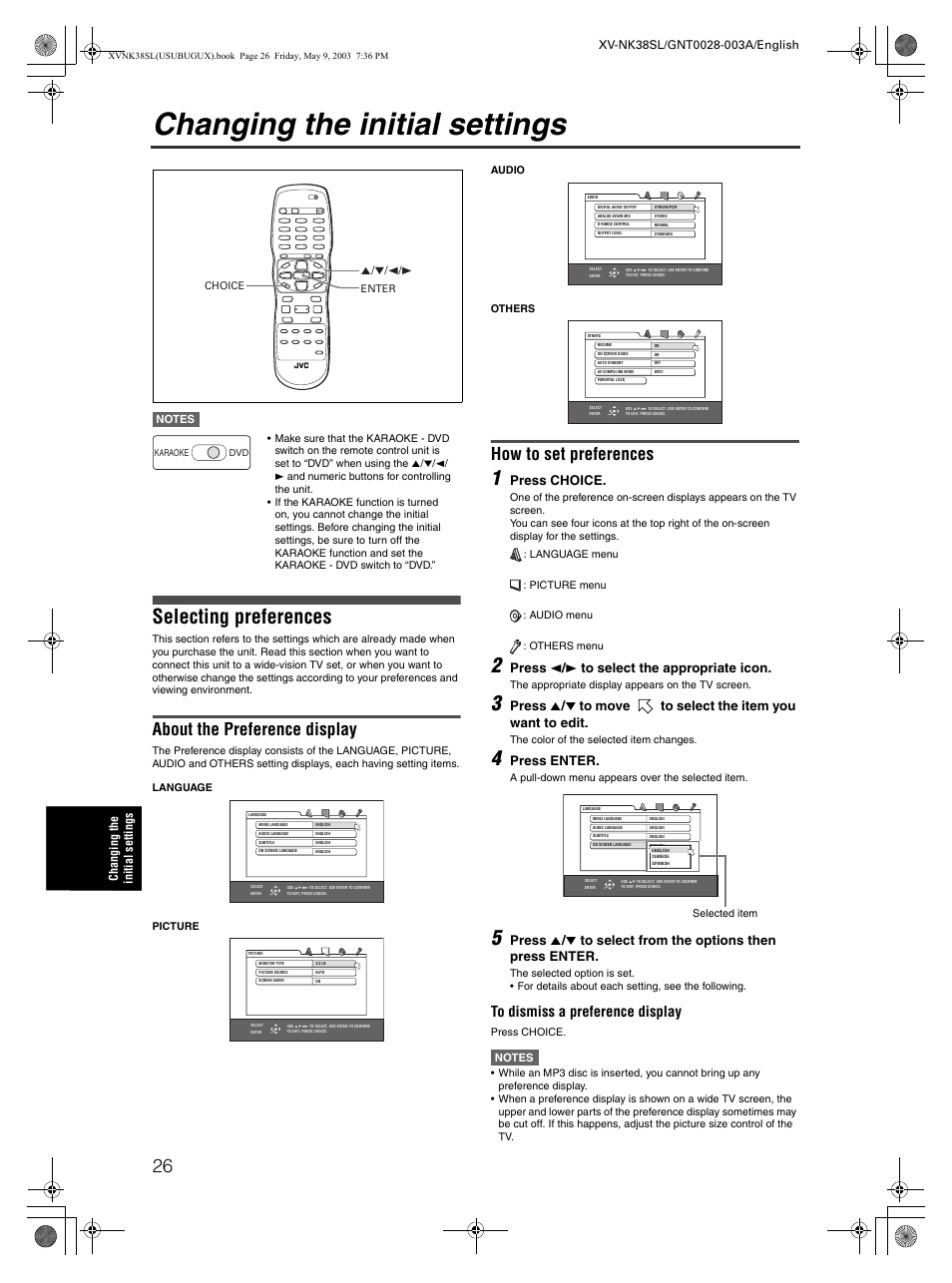 Changing the initial settings, Selecting preferences, About the preference display | How to set preferences, Press choice, Press 2 / 3 to select the appropriate icon, Press enter | JVC XV-NK38SL User Manual | Page 28 / 42