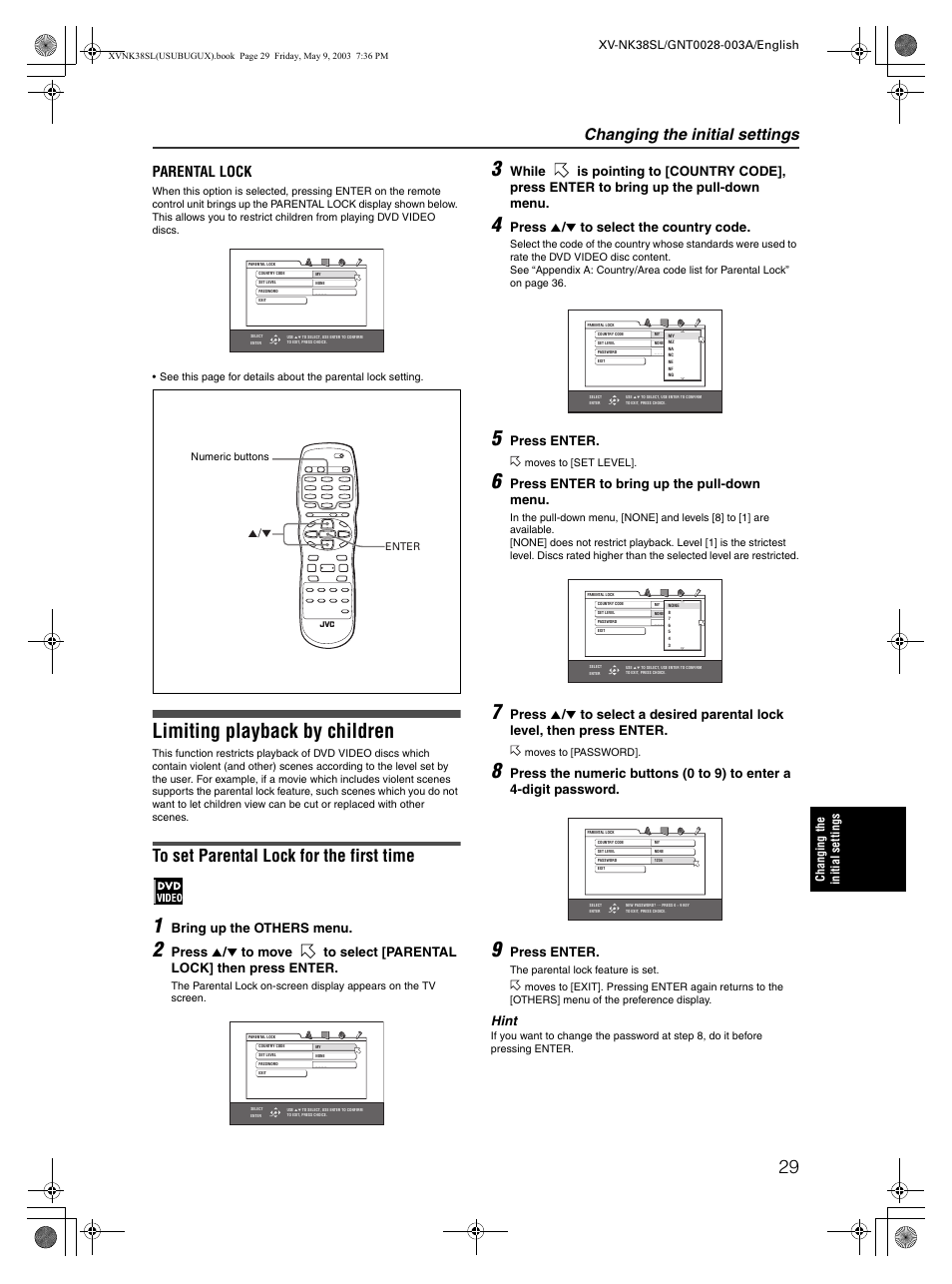 Limiting playback by children, Changing the initial settings, Parental lock | Bring up the others menu, Press 5 / ∞ to select the country code, Press enter, Press enter to bring up the pull-down menu, Hint | JVC XV-NK38SL User Manual | Page 31 / 42