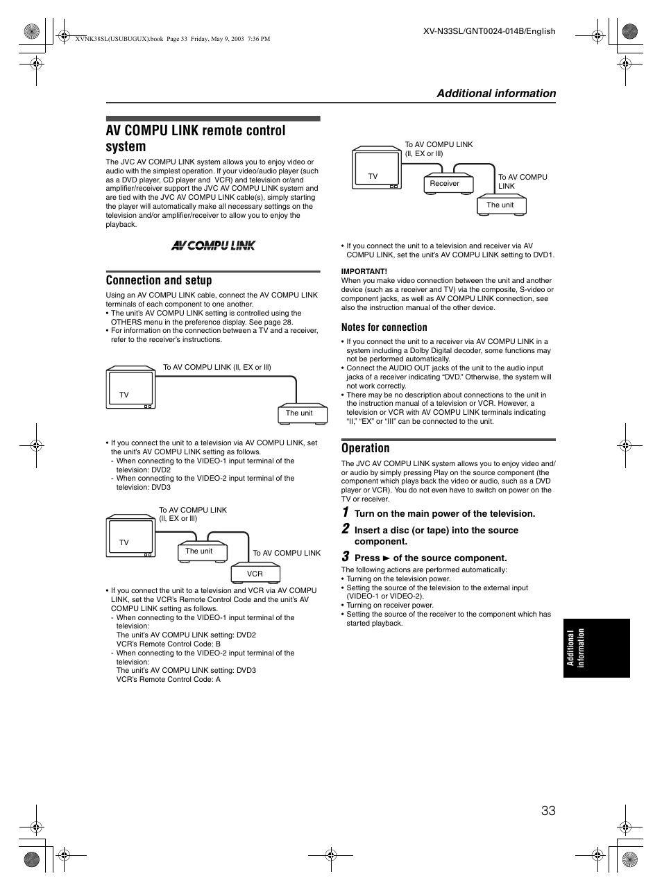 Av compu link remote control system, Connection and setup, Operation | Additional information | JVC XV-NK38SL User Manual | Page 35 / 42