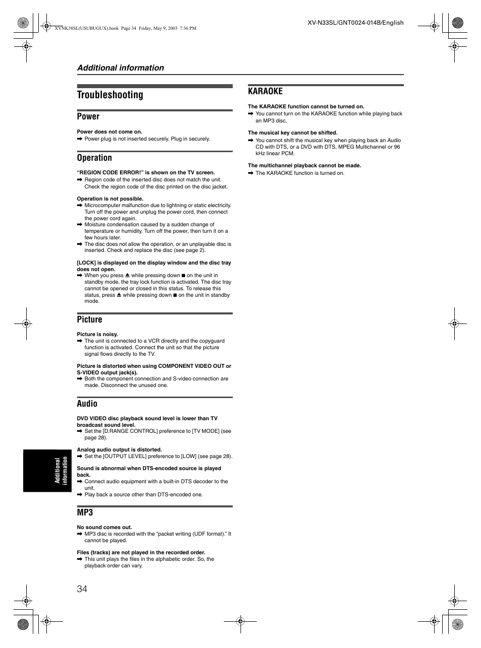 Troubleshooting, Power, Operation | Picture, Audio, Karaoke, Additional information | JVC XV-NK38SL User Manual | Page 36 / 42
