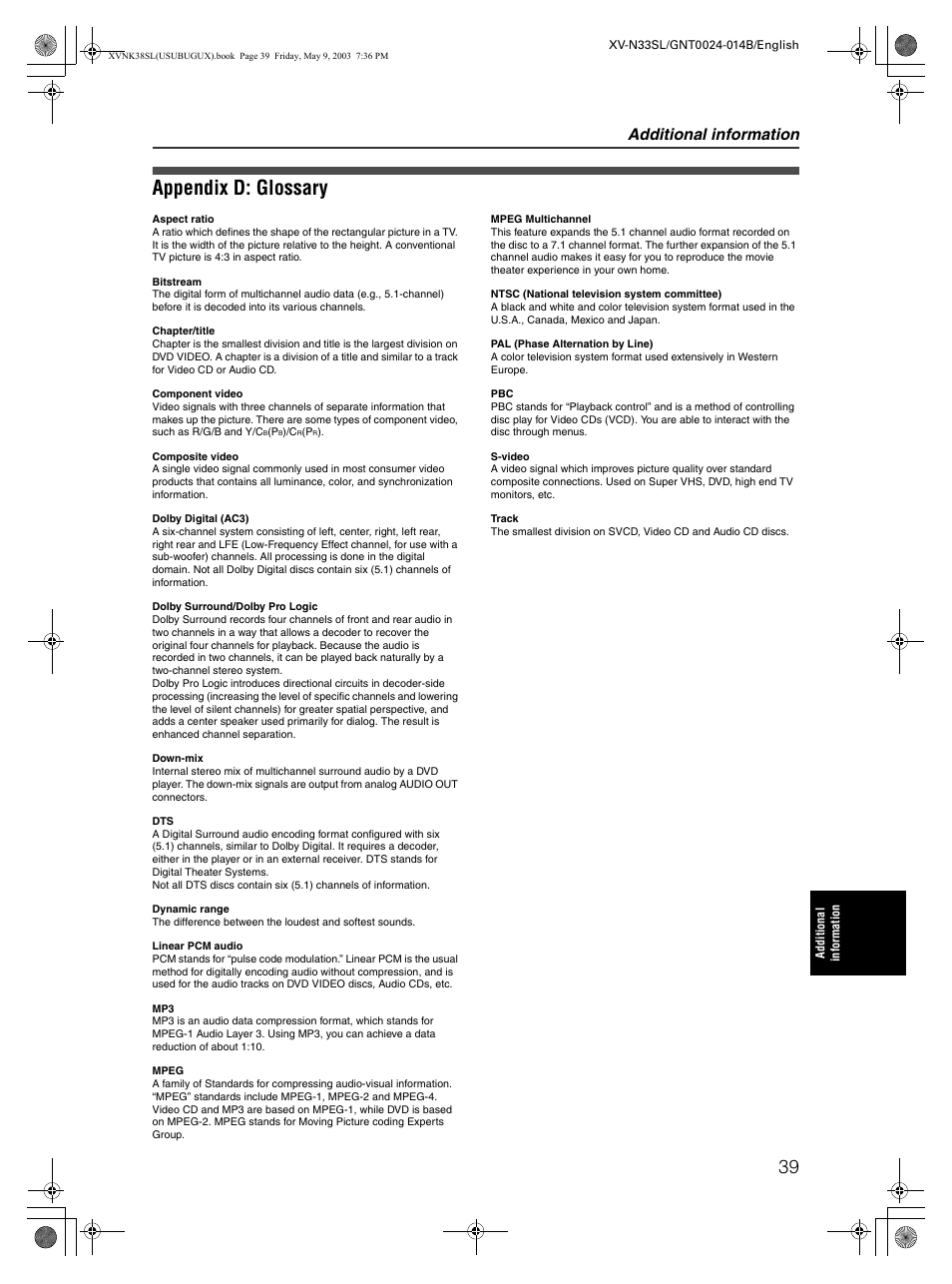 Appendix d: glossary, Additional information | JVC XV-NK38SL User Manual | Page 41 / 42