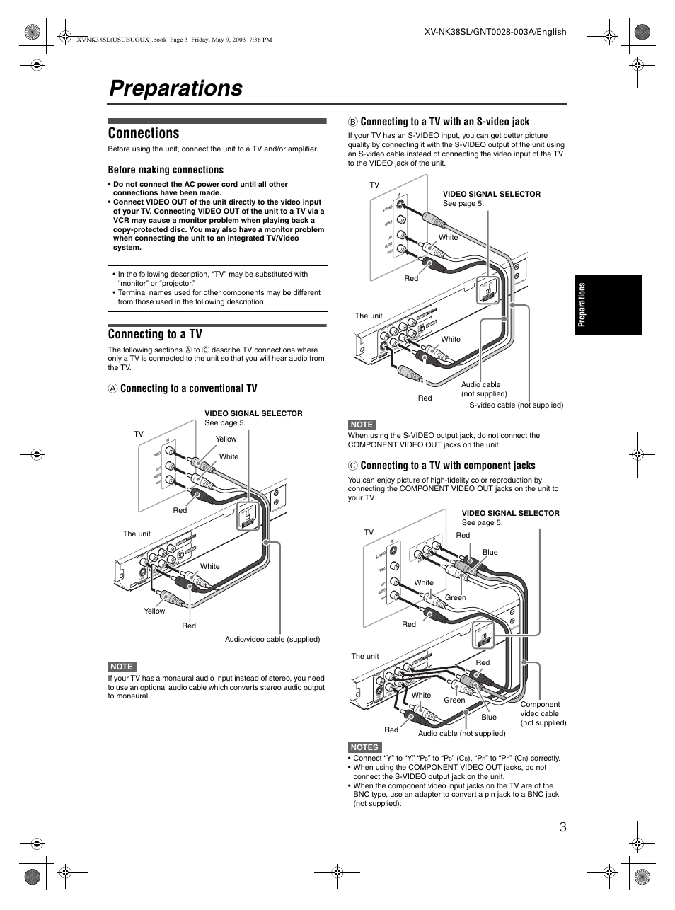 Preparations, Connections, Connecting to a tv | Before making connections, A connecting to a conventional tv, B connecting to a tv with an s-video jack, C connecting to a tv with component jacks, Connect “y” to “y,” “p | JVC XV-NK38SL User Manual | Page 5 / 42
