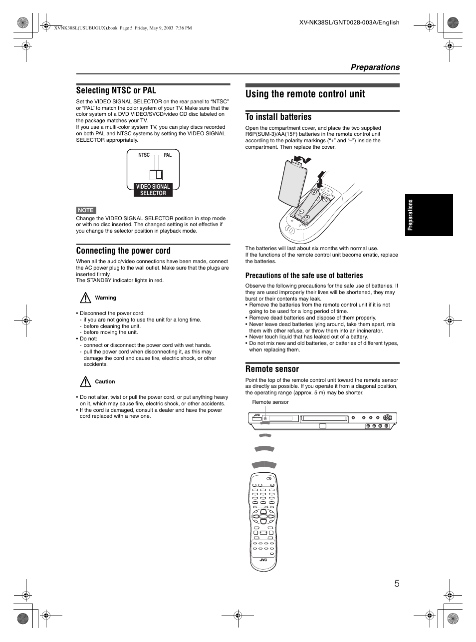 Using the remote control unit, Selecting ntsc or pal, Connecting the power cord | Remote sensor, Preparations | JVC XV-NK38SL User Manual | Page 7 / 42