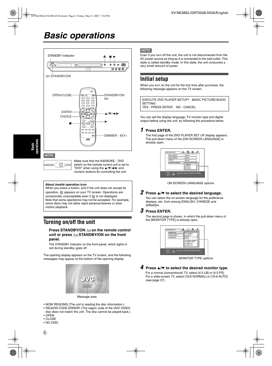 Basic operations, Turning on/off the unit, Initial setup | JVC XV-NK38SL User Manual | Page 8 / 42