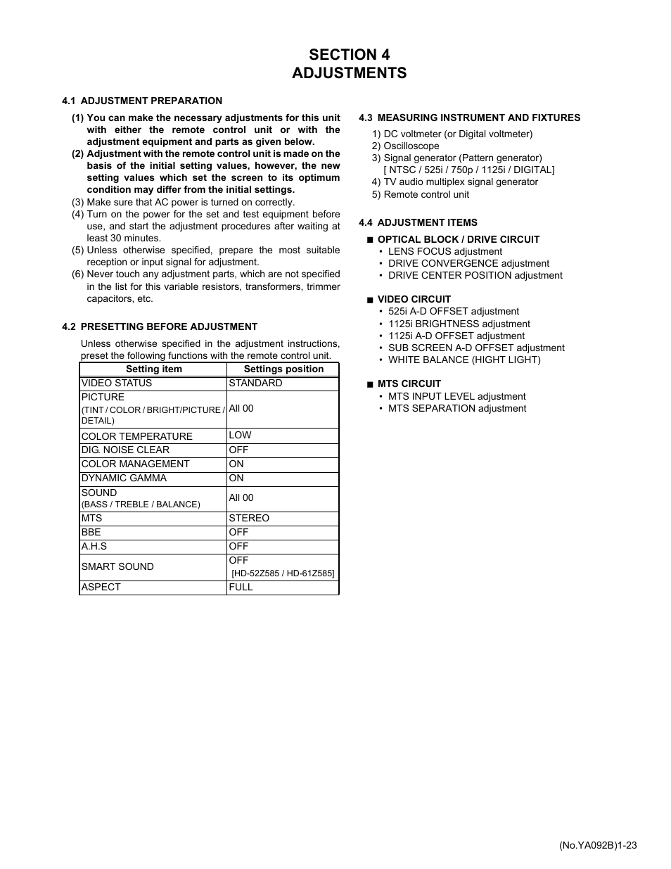 Section 4 adjustments, 1 adjustment preparation, 2 presetting before adjustment | 3 measuring instrument and fixtures, 4 adjustment items | JVC HD-52Z575 User Manual | Page 23 / 37