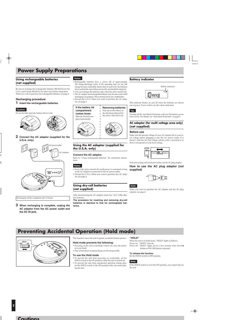 Power supply preparations, Preventing accidental operation (hold mode), Cautions power supply preparations | JVC XL-PR1BK User Manual | Page 2 / 8