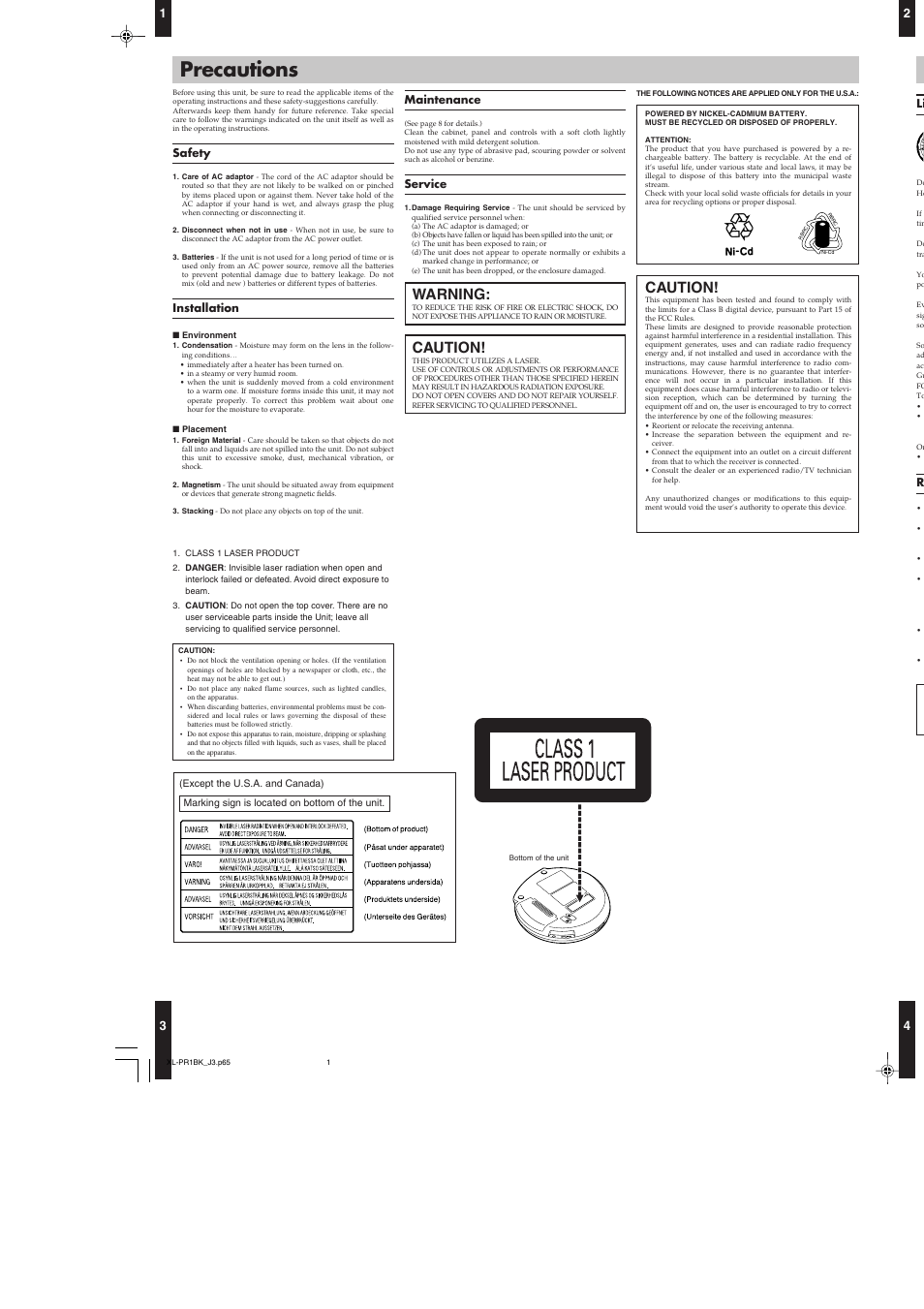 Precautions, Caution, Warning | JVC XL-PR1BK User Manual | Page 3 / 8