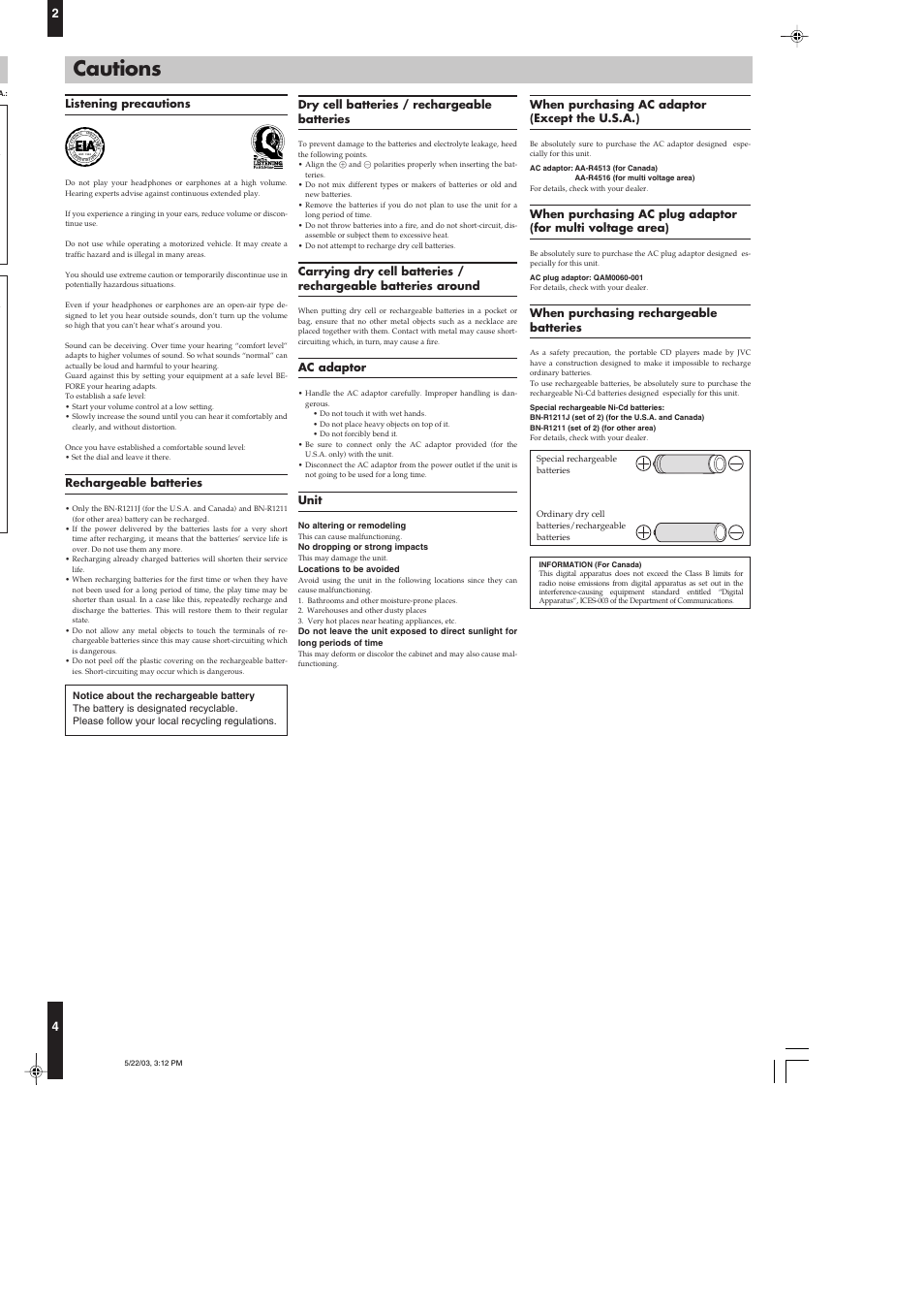 Cautions, Listening precautions, Rechargeable batteries | Dry cell batteries / rechargeable batteries, Ac adaptor, Unit, When purchasing ac adaptor (except the u.s.a.), When purchasing rechargeable batteries | JVC XL-PR1BK User Manual | Page 4 / 8