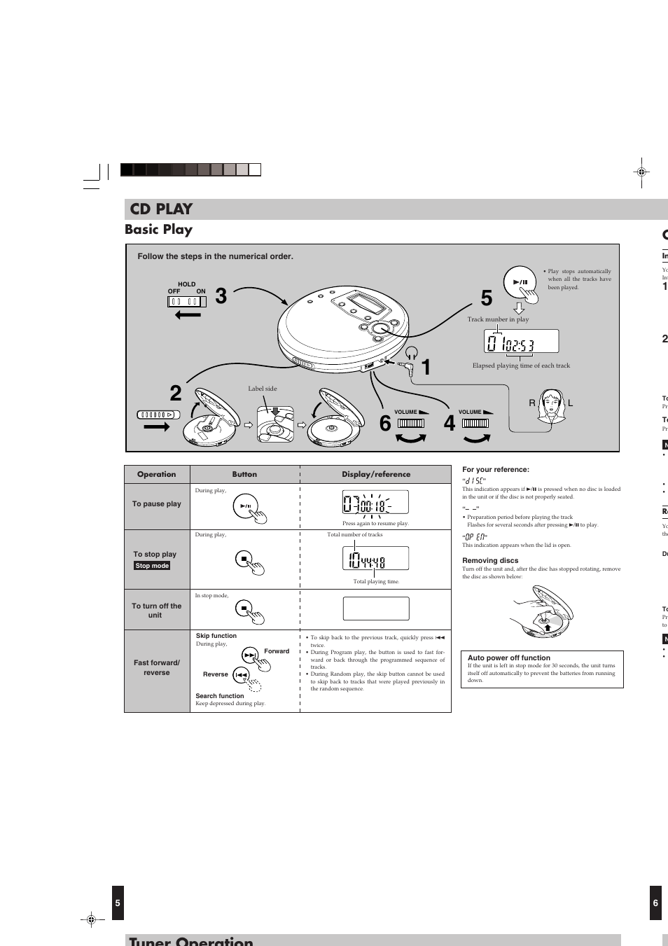 Cd play, Tuner operation, Basic play | JVC XL-PR1BK User Manual | Page 5 / 8