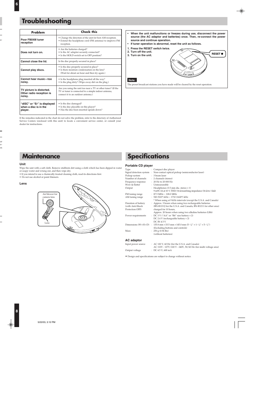 Troubleshooting, Maintenance, Specifications | JVC XL-PR1BK User Manual | Page 8 / 8