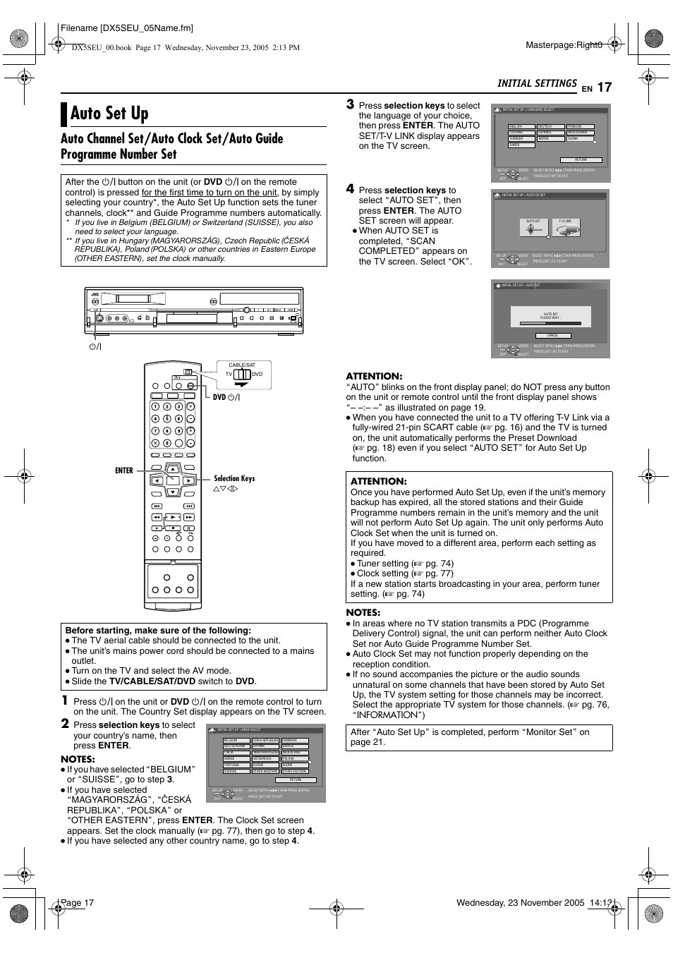 Initial settings, Auto set up, A pg. 17 | JVC DR-DX5SE User Manual | Page 17 / 92