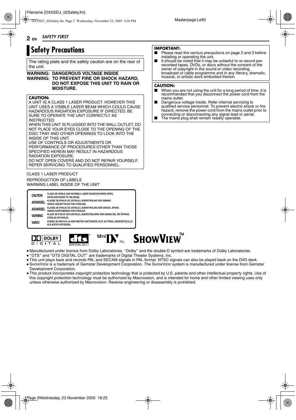 Safety precautions | JVC DR-DX5SE User Manual | Page 2 / 92