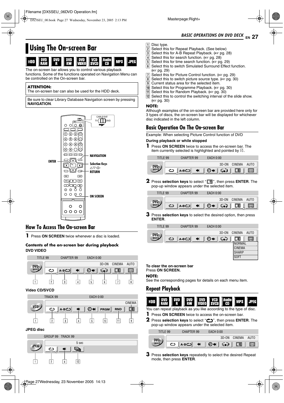 Using the on-screen bar, A pg. 27, How to access the on-screen bar | Basic operation on the on-screen bar, Repeat playback | JVC DR-DX5SE User Manual | Page 27 / 92