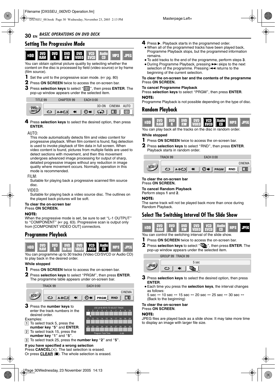 A pg. 30, A pg. 30), K. (a pg. 30) | Setting the progressive mode, Programme playback, Random playback, Select the switching interval of the slide show | JVC DR-DX5SE User Manual | Page 30 / 92