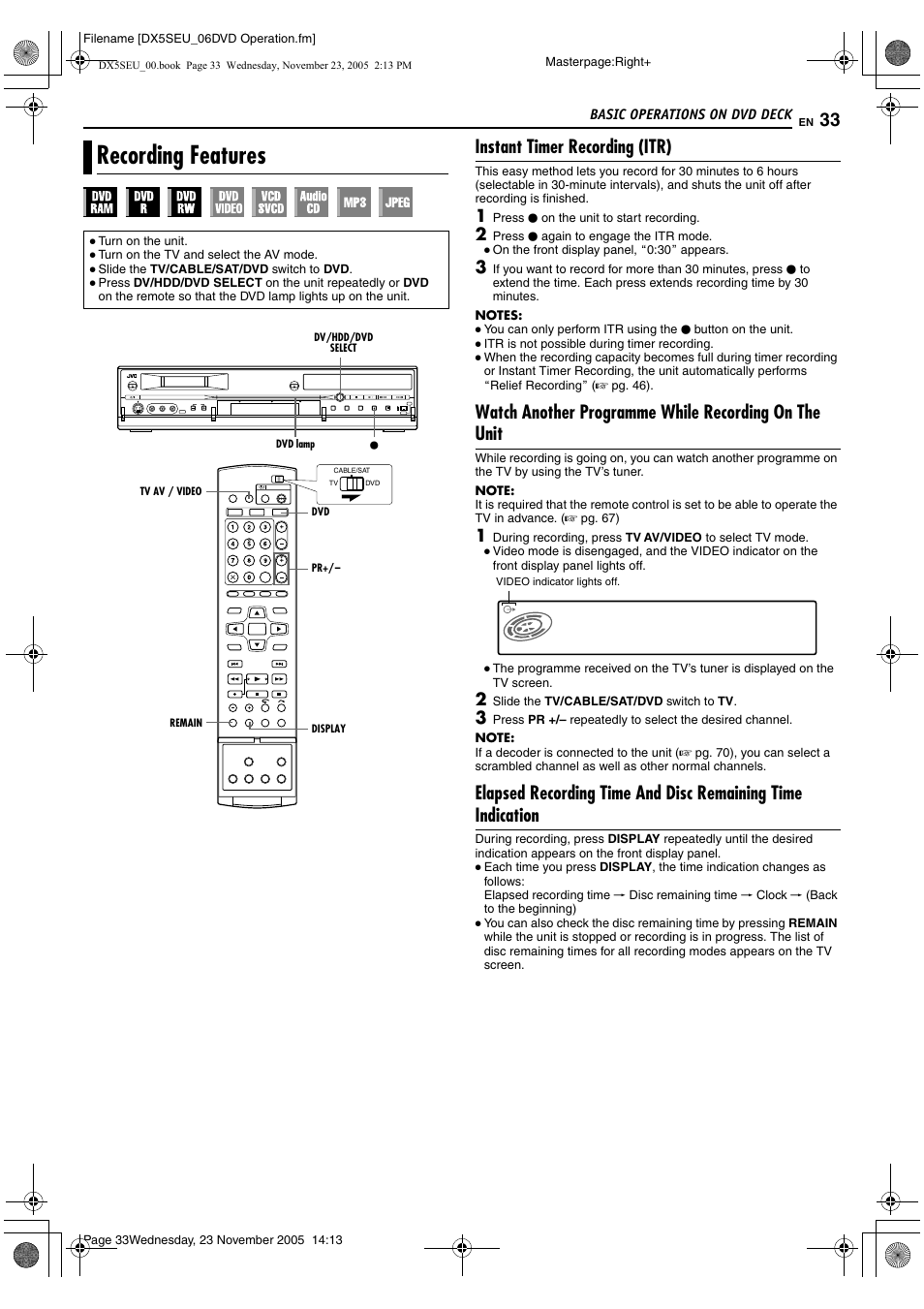 Recording features, A pg. 33, 3, Instant timer recording (itr) | JVC DR-DX5SE User Manual | Page 33 / 92