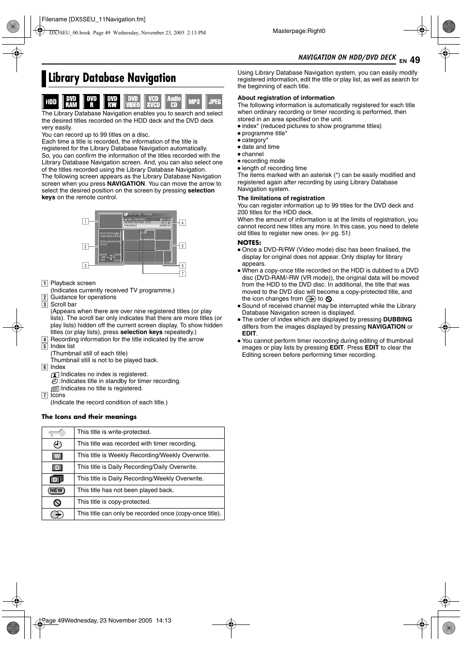 Navigation on hdd/dvd deck, Library database navigation, A pg. 49, 55 | Tomatically recorded. (a pg. 49) t, Pg. 49) | JVC DR-DX5SE User Manual | Page 49 / 92