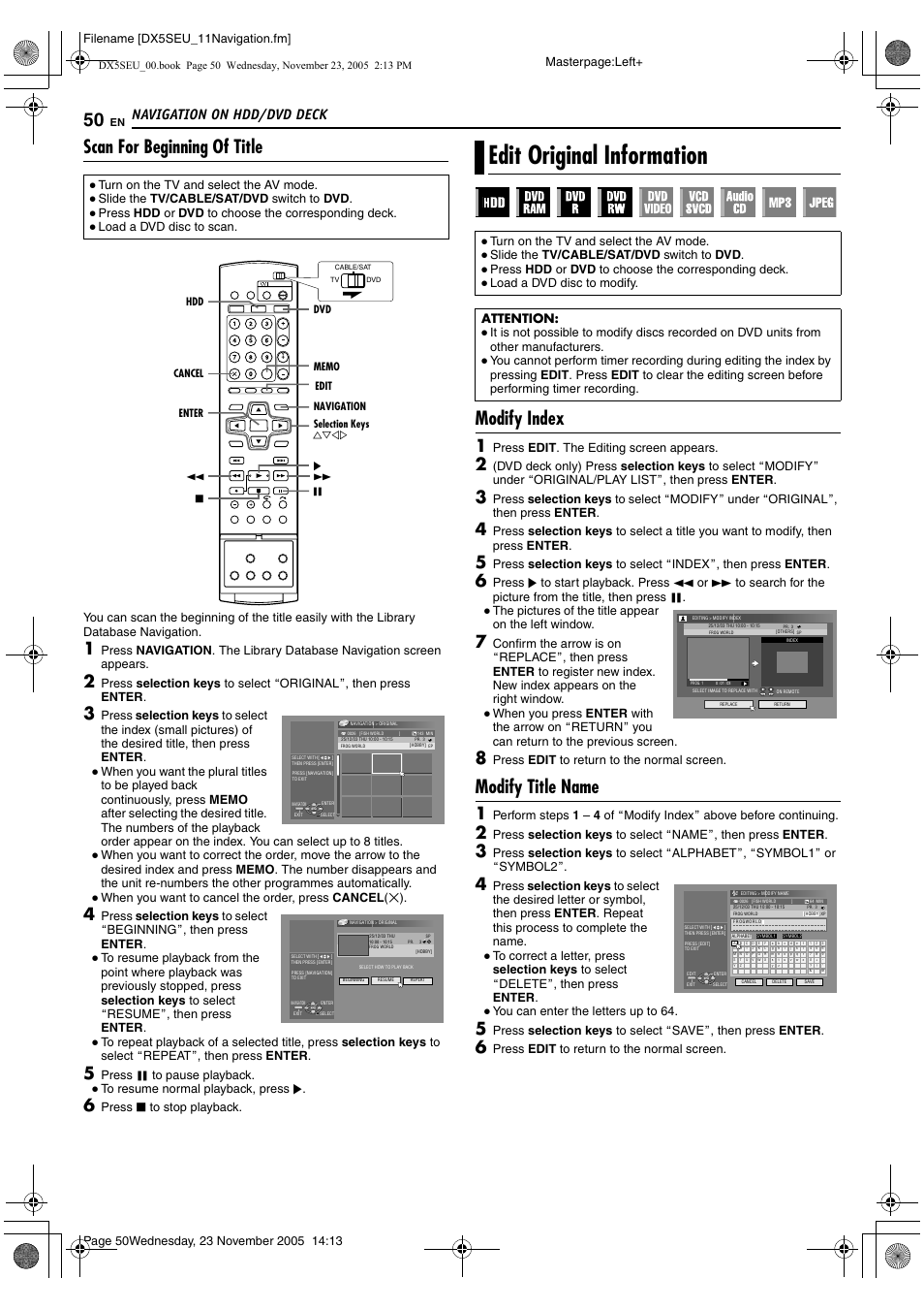 Edit original information, A pg. 50, 53, A pg. 50 | A pg. 50), A pg. 50, amodify title nameb), Scan for beginning of title, Modify index, Modify title name, Navigation on hdd/dvd deck, Filename [dx5seu_11navigation.fm] masterpage:left | JVC DR-DX5SE User Manual | Page 50 / 92