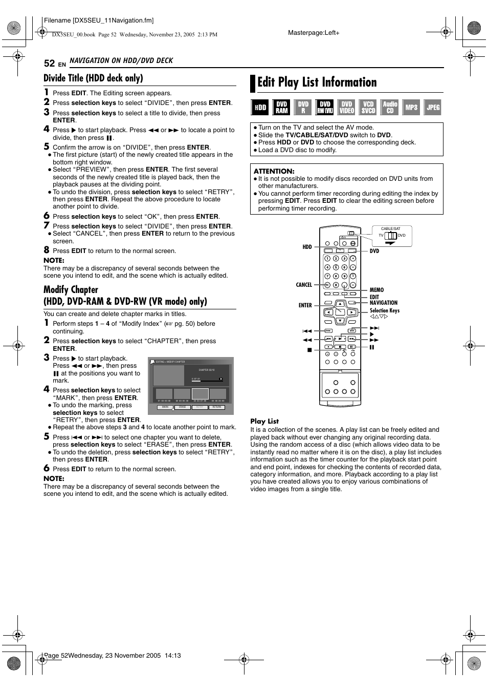 Edit play list information, Divide title (hdd deck only) | JVC DR-DX5SE User Manual | Page 52 / 92
