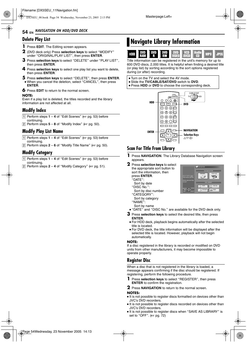 Navigate library information, Delete play list, Modify index | Modify play list name, Modify category, Scan for title from library, Register disc | JVC DR-DX5SE User Manual | Page 54 / 92