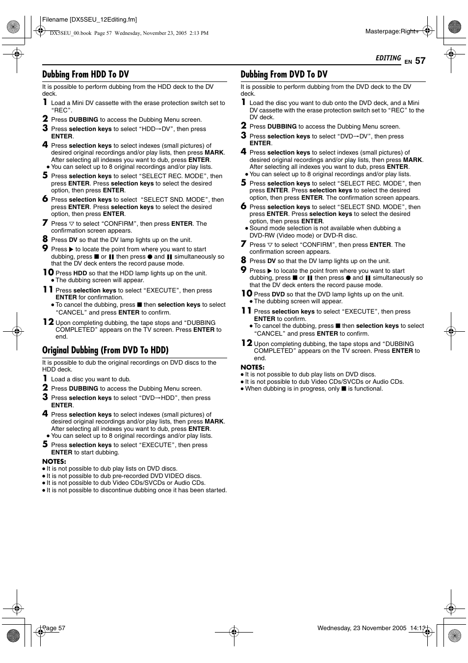 Dubbing from hdd to dv, Original dubbing (from dvd to hdd), Dubbing from dvd to dv | JVC DR-DX5SE User Manual | Page 57 / 92