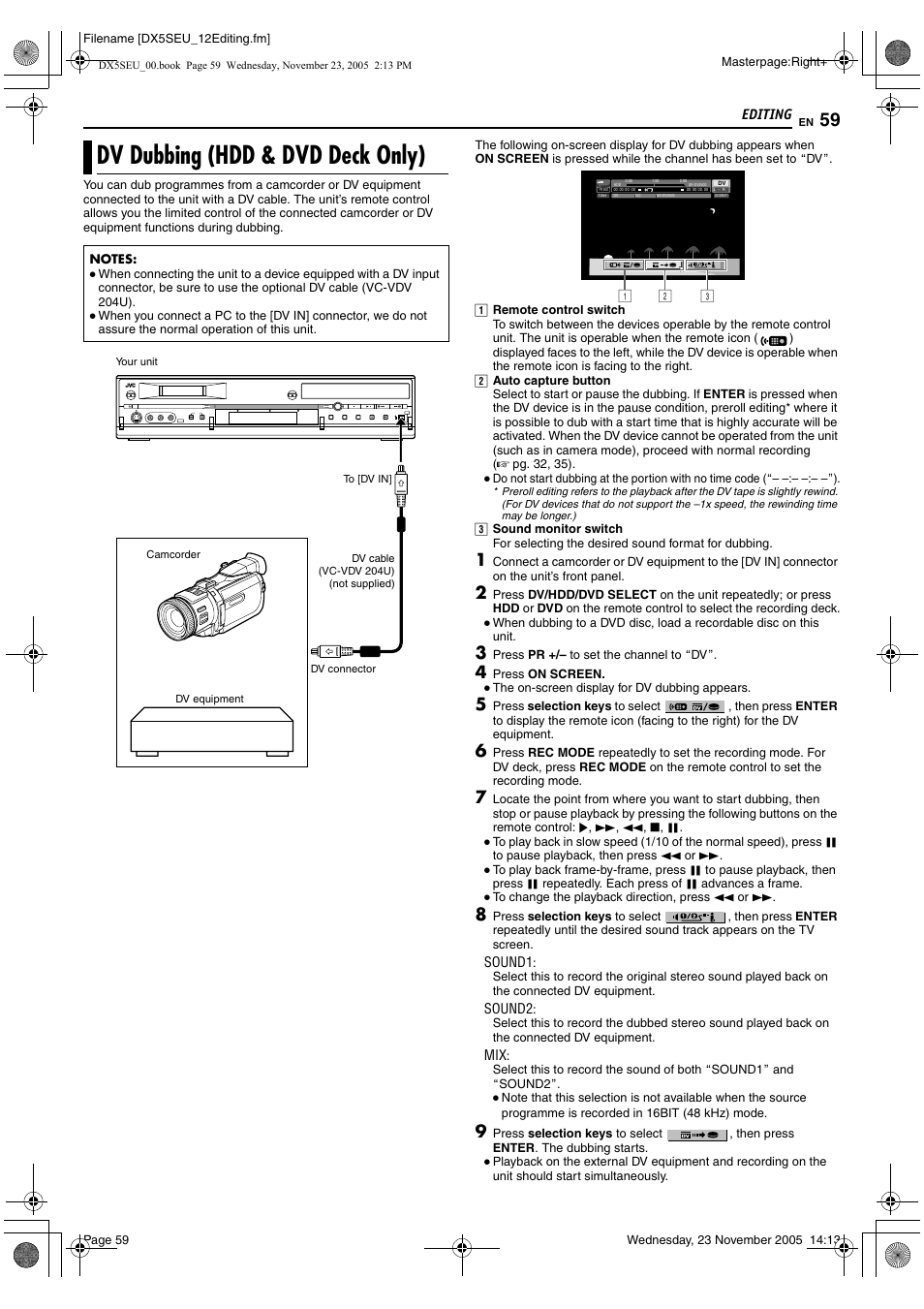 Dv dubbing (hdd & dvd deck only), A pg. 59, T. (a pg. 59 | Adv dubbing (hdd & dvd, Deck only), A pg. 59), Editing | JVC DR-DX5SE User Manual | Page 59 / 92