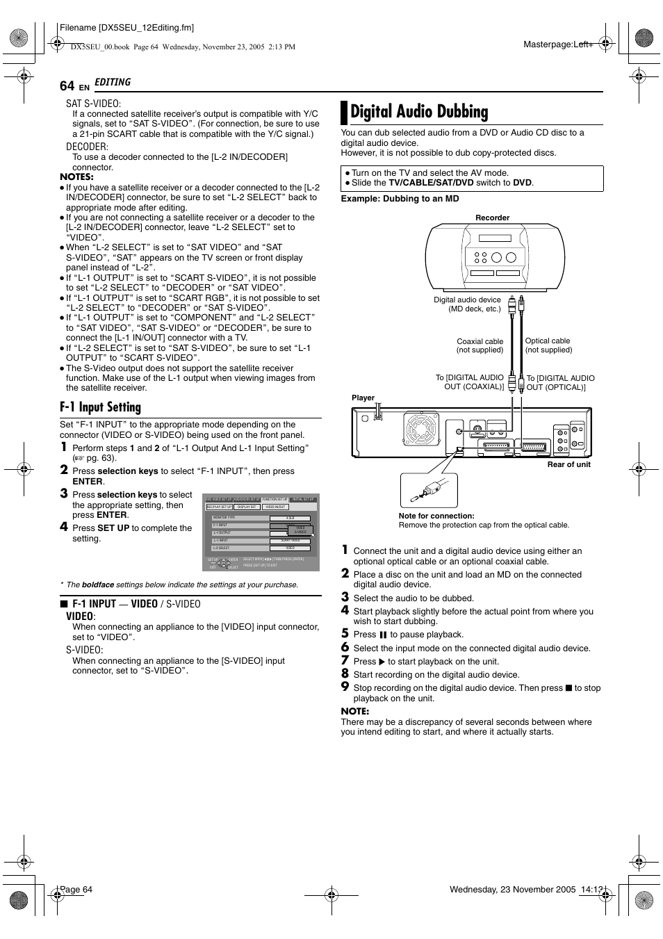 Digital audio dubbing, A pg. 64, 70, A pg. 64) | F-1 input setting, Editing, F-1 input, Video | JVC DR-DX5SE User Manual | Page 64 / 92