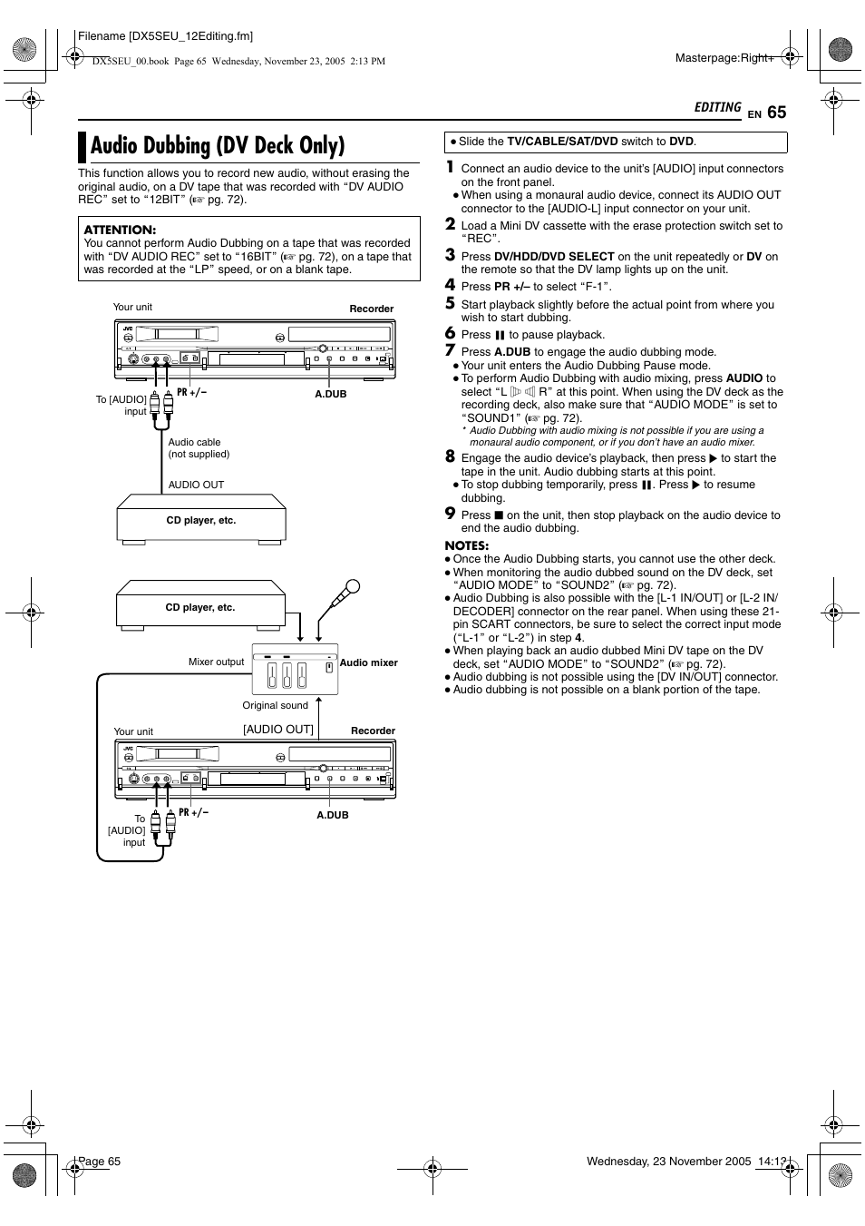 Audio dubbing (dv deck only), A pg. 65 | JVC DR-DX5SE User Manual | Page 65 / 92