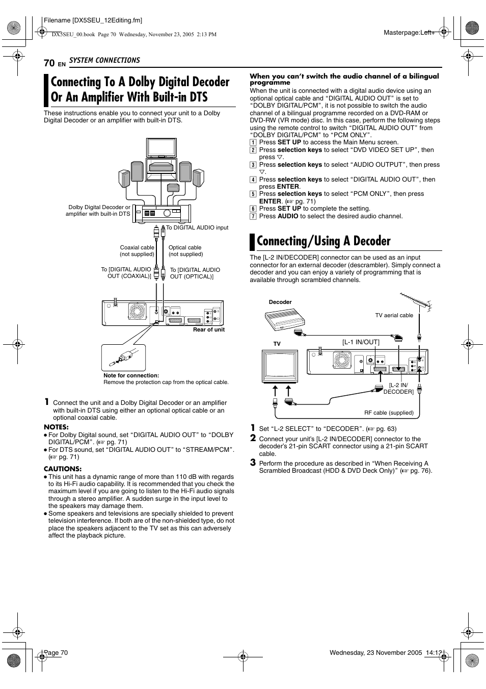 Connecting to a dolby digital decoder or, An amplifier with built-in dts, Connecting/using a decoder | Mode) disc. (a pg. 70) in | JVC DR-DX5SE User Manual | Page 70 / 92