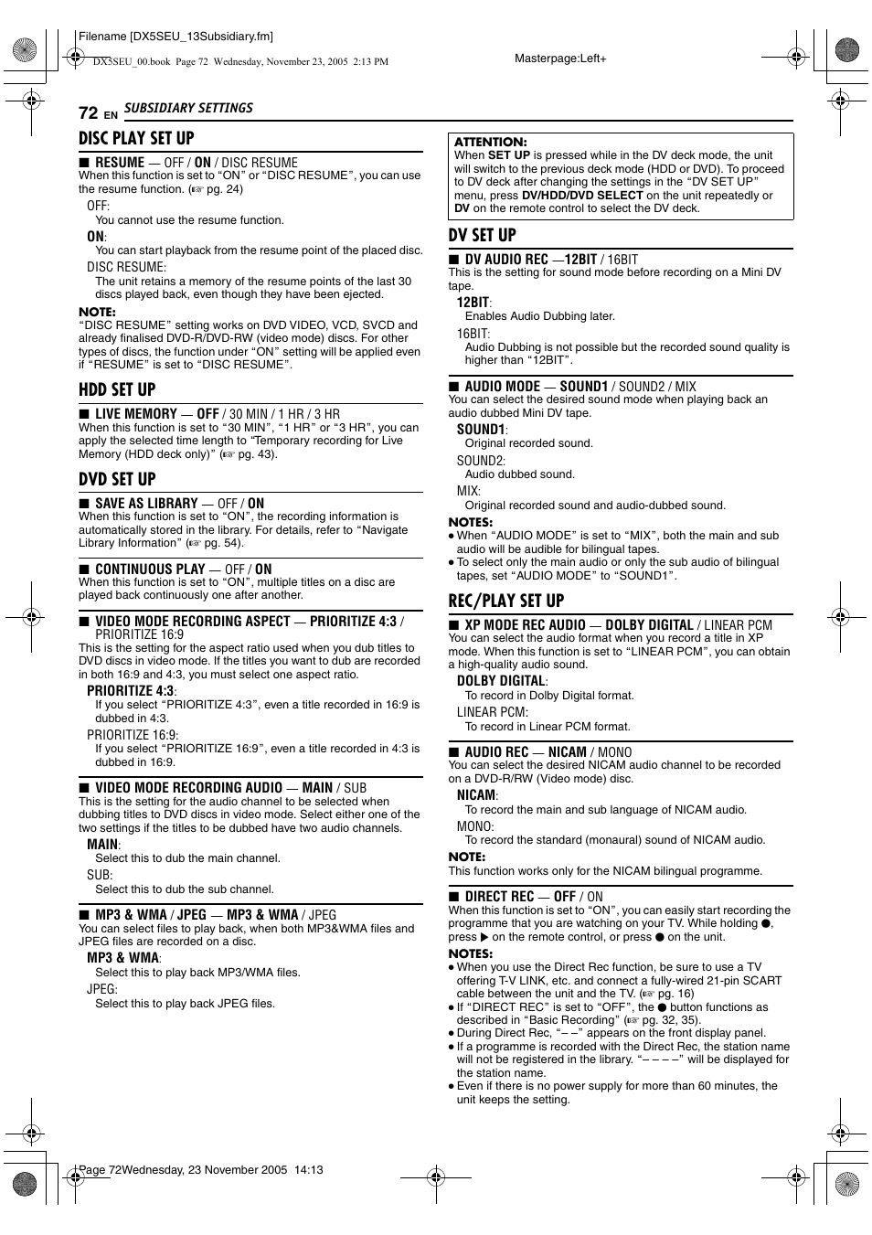 A pg. 72) f, A pg. 72), Pg. 72) | Disc. (a pg. 72), Anged (a pg. 72), A pg. 72), o, Disc play set up, Hdd set up, Dvd set up, Dv set up | JVC DR-DX5SE User Manual | Page 72 / 92