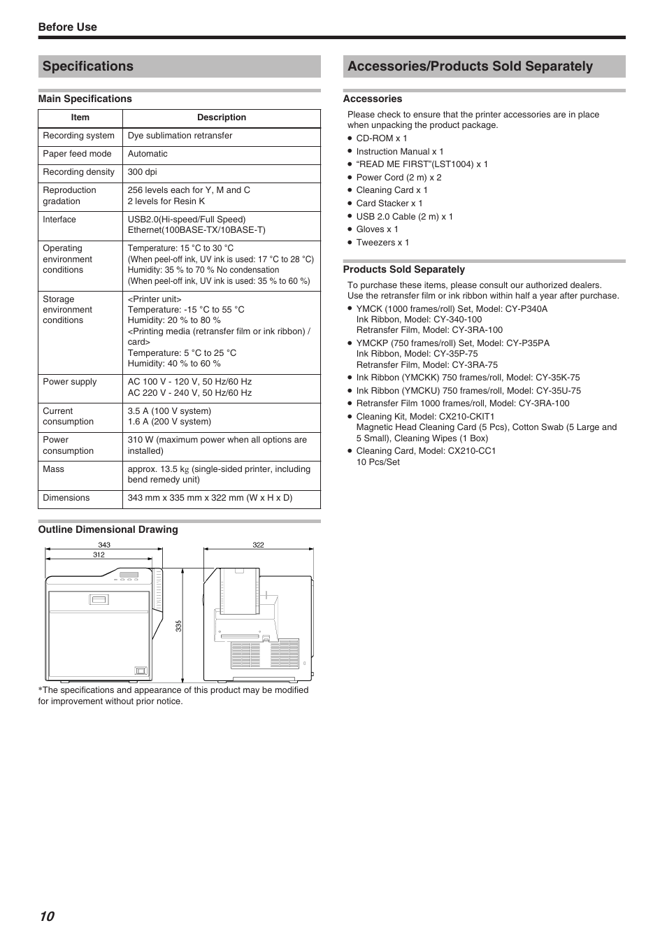 Specifications, Accessories/products sold separately, Before use | JVC CX-7000 Series User Manual | Page 10 / 124