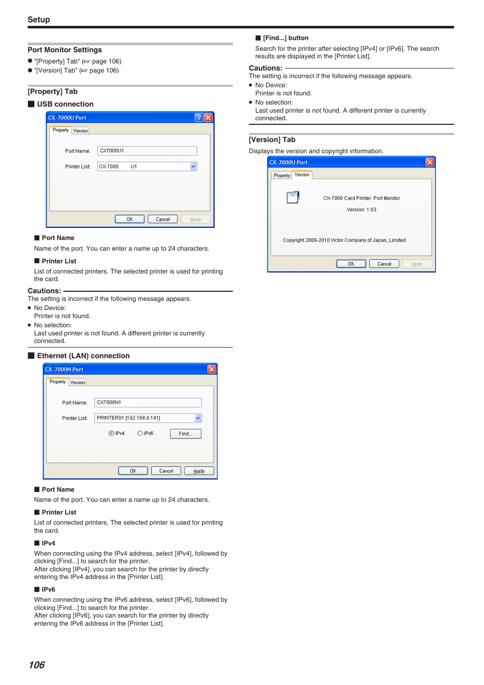 Port monitor settings, Setup | JVC CX-7000 Series User Manual | Page 106 / 124