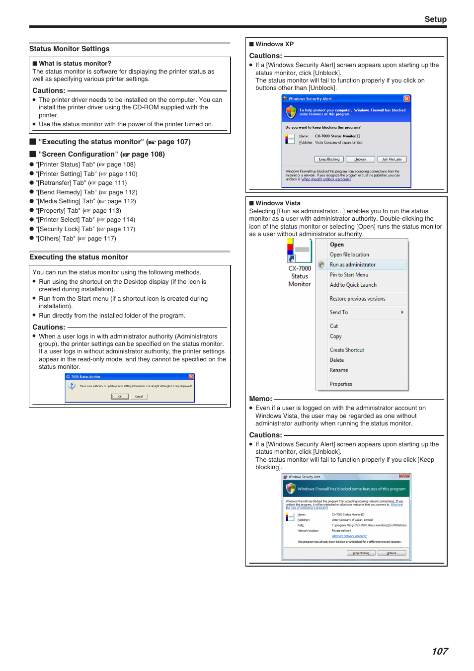 Status monitor settings, Setup | JVC CX-7000 Series User Manual | Page 107 / 124