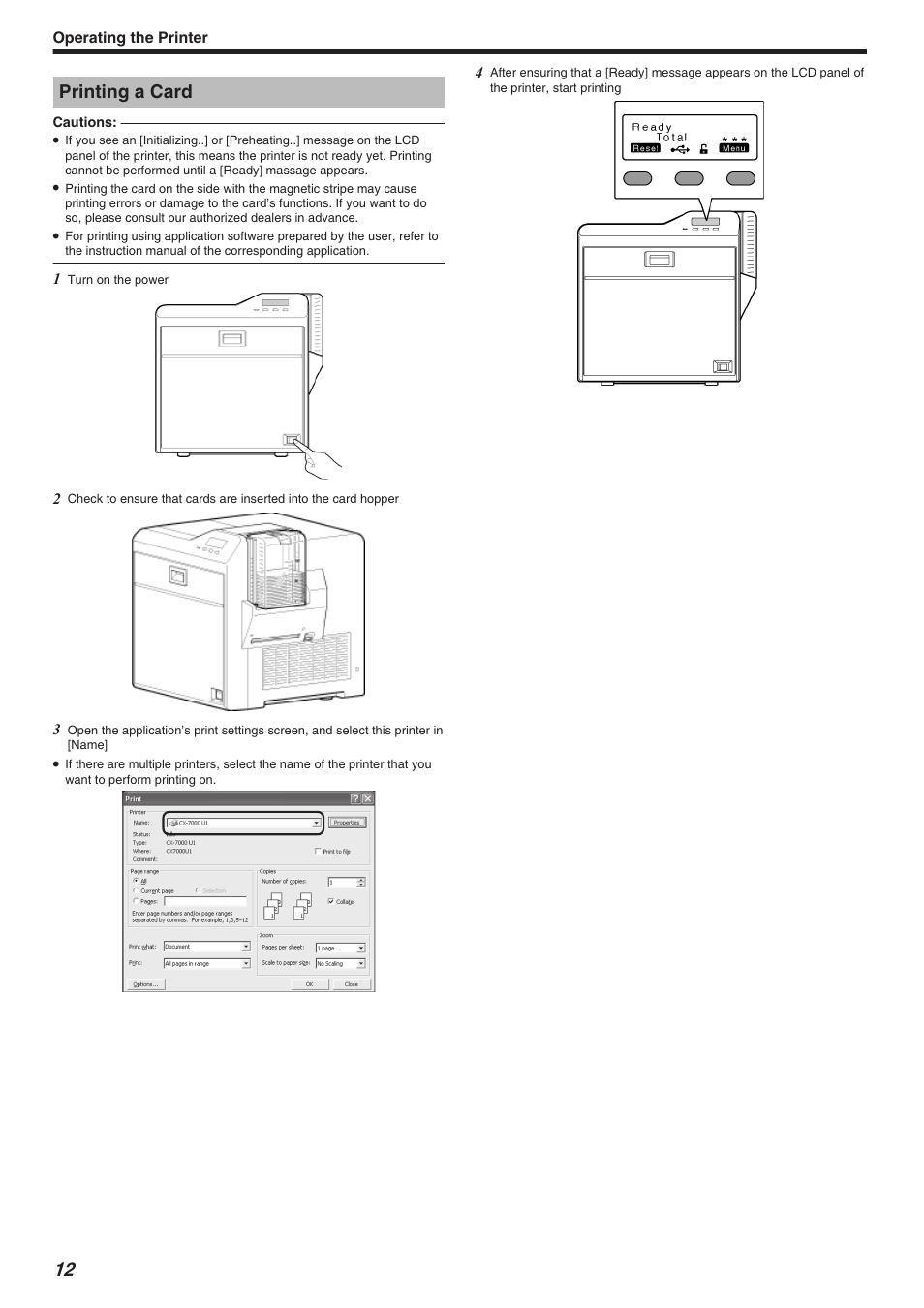 Operating the printer, Printing a card | JVC CX-7000 Series User Manual | Page 12 / 124
