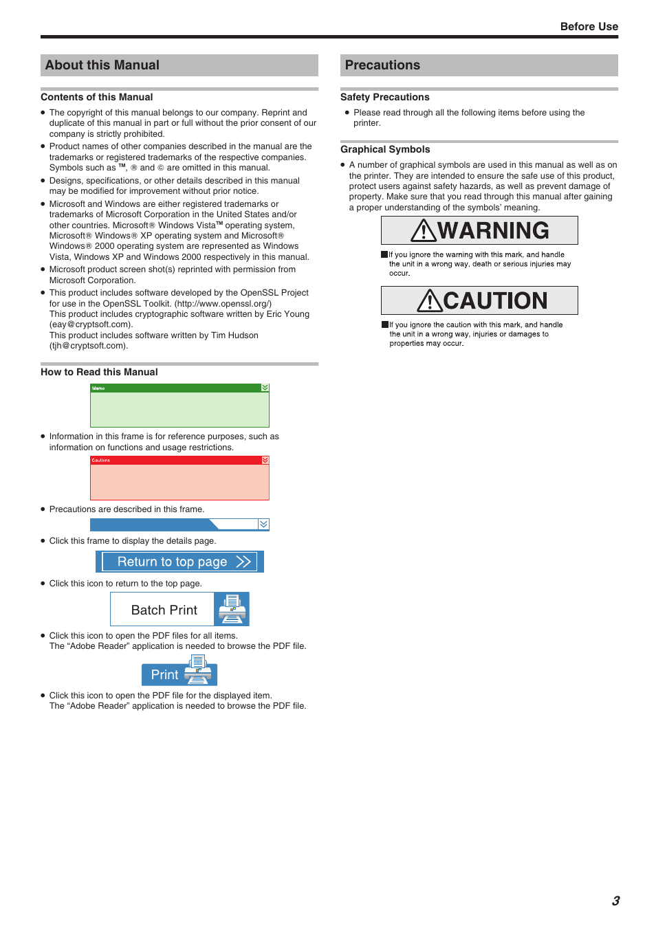 Before use, About this manual, Precautions | About this manual precautions, Batch print, Print | JVC CX-7000 Series User Manual | Page 3 / 124