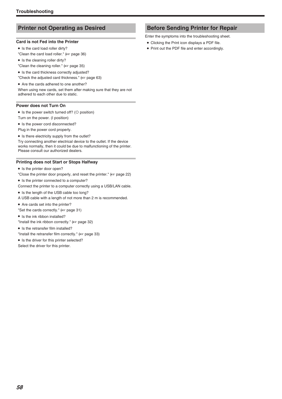 Printer not operating as desired, Before sending printer for repair, Troubleshooting | JVC CX-7000 Series User Manual | Page 58 / 124