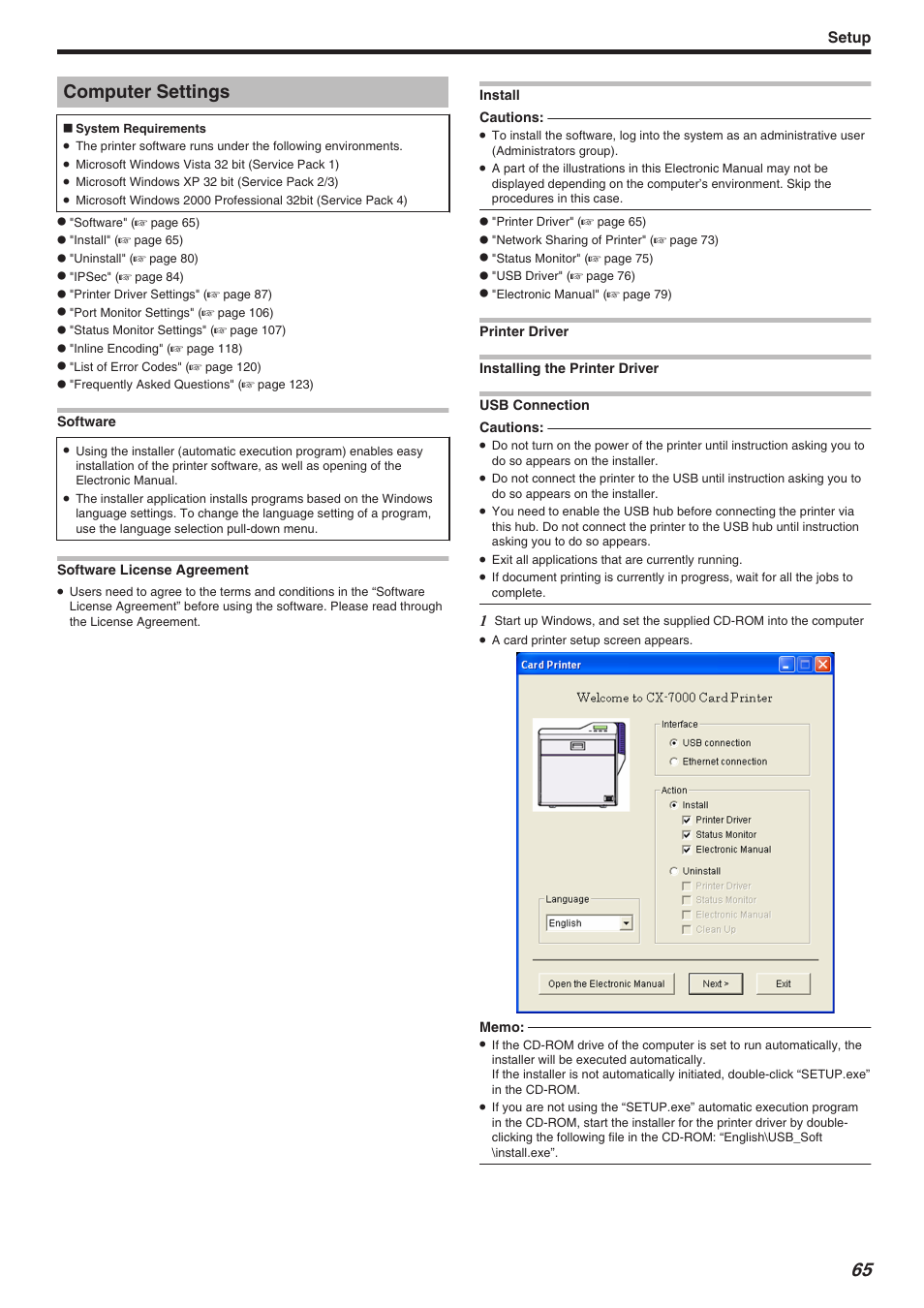 Computer settings, Software, Install | Software install, Setup | JVC CX-7000 Series User Manual | Page 65 / 124