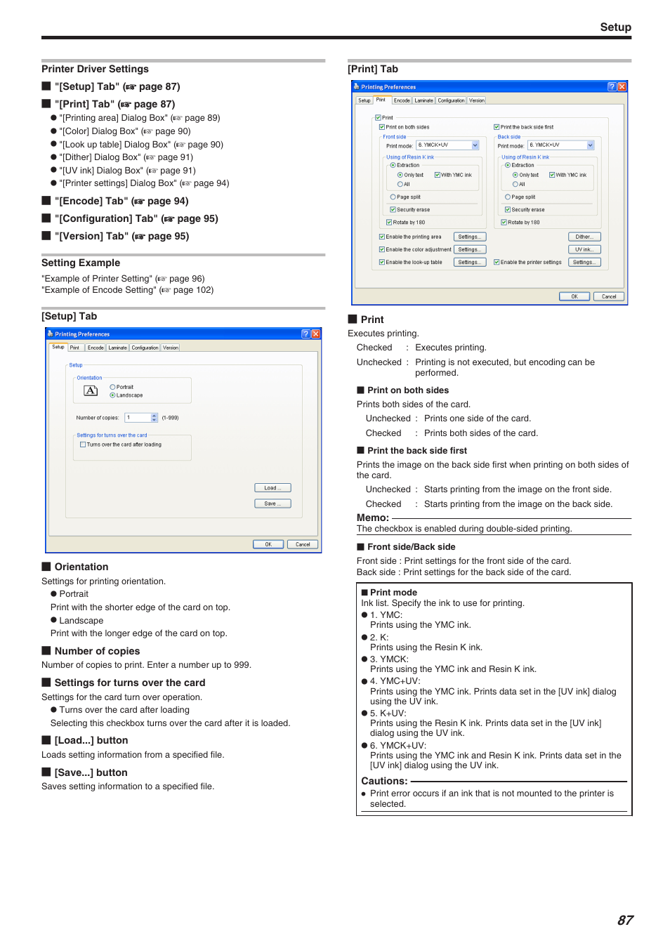 Printer driver settings, Setup | JVC CX-7000 Series User Manual | Page 87 / 124