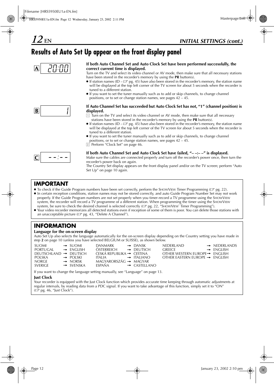 Initial settings (cont.), Important, Information | JVC 0302MNV*ID*JVE User Manual | Page 12 / 56